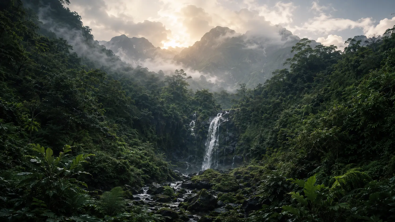 A waterfall descending through a misty emerald mountain ravine