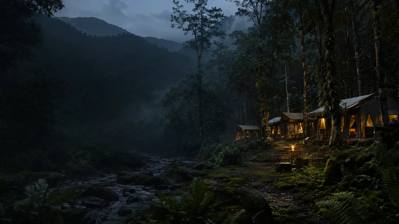 A quiet forest expedition camp at blue hour