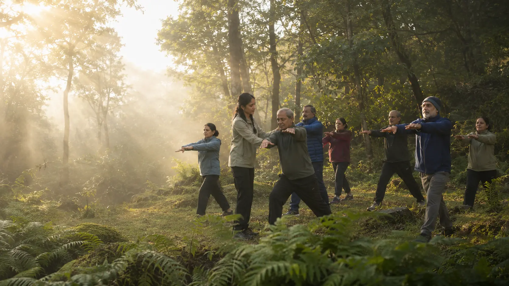 Adults preparing together in a lush forest clearing