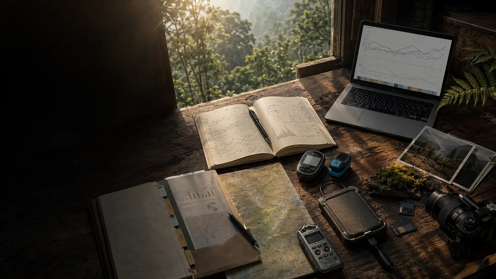 Field research notes, photography equipment and anonymised charts